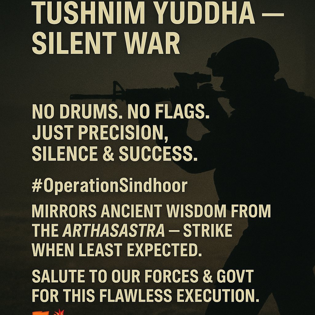 PSauunshimath's tweet photo. Tushnim Yuddha — Silent War.
No drums. No flags. Just precision, silence &amp; success.
#OperationSindhoor mirrors ancient wisdom from the Arthashastra — strike when least expected
Salute to our forces &amp;Govt for this flawless execution. 🇮🇳💥
#IndiaStrikesBack @narendramodi @republic https://t.co/1Z1VihYXMj