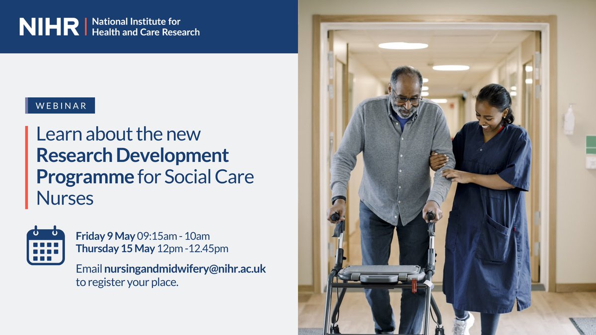 National Institute for Health and Care Research (@nihrresearch) on Twitter photo Don’t miss our upcoming webinar on Friday 9 May at 09:15am to 10am.
Learn how the NIHR Researcher Development Programme for Social Care Nurses can support your journey into research.
Email nursingandmidwifery@nihr.ac.uk to request an invite.
Find out more about the programme Don’t miss our upcoming webinar on Friday 9 May at 09:15am to 10am.
Learn how the NIHR Researcher Development Programme for Social Care Nurses can support your journey into research.
Email nursingandmidwifery@nihr.ac.uk to request an invite.
Find out more about the programme