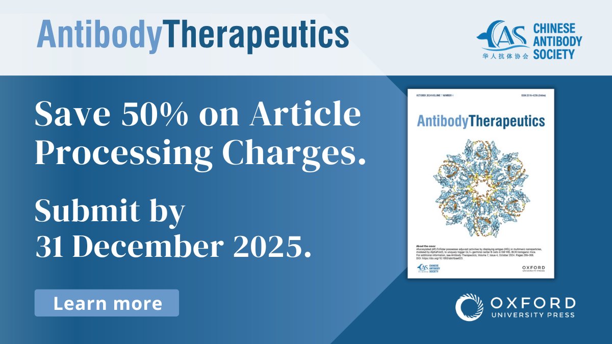 Oxford Journals (@oxfordjournals) on Twitter photo Attending #ISCT2025? Elevate your research by publishing with <a href="/AntibodyT/">Antibody Therapeutics</a>! Get 50% off article processing charges until 31 Dec 2025.
Learn more: oxford.ly/4k048wm #GeneTherapy #CellTherapy <a href="/ChineseAntibody/">Chinese Antibody Society</a> Attending #ISCT2025? Elevate your research by publishing with <a href="/AntibodyT/">Antibody Therapeutics</a>! Get 50% off article processing charges until 31 Dec 2025.
Learn more: oxford.ly/4k048wm #GeneTherapy #CellTherapy <a href="/ChineseAntibody/">Chinese Antibody Society</a>