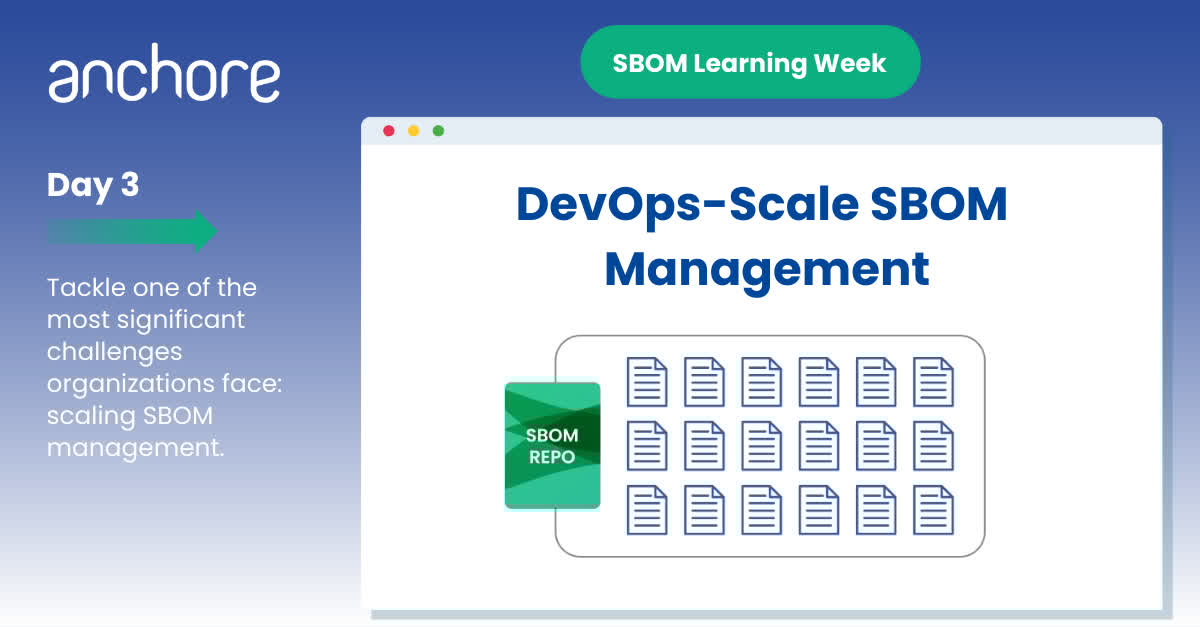 anchore's tweet image. 📈 Day 3 of #SBOMlearningWeek is live! &quot;DevOps-Scale SBOM Management&quot; tackles the challenge of scaling from proof-of-concept to enterprise implementation. Learn how to manage thousands of SBOMs 👉 anchore.com/blog/devops-sc… (Miss day #1 it&apos;s here: anchore.com/blog/sbom-fund…) #DevSecOps