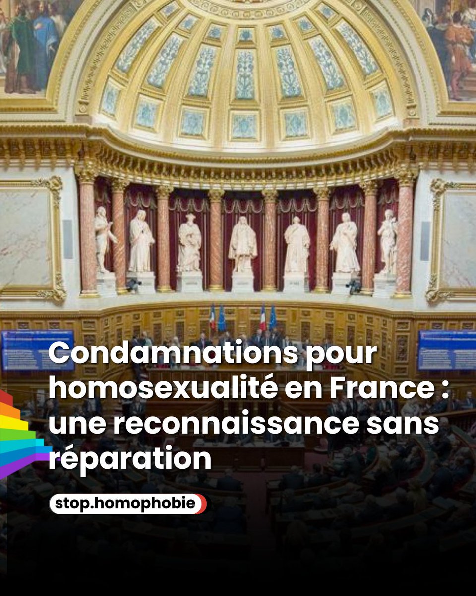 🏛️ Le Sénat a adopté ce mardi 6 mai à l’unanimité la proposition de loi reconnaissant les condamnations pour homosexualité entre 1945 et 1982. Mais le volet indemnitaire initialement prévu a été supprimé <a href="/stop_homophobie/">STOP HOMOPHOBIE</a> 

🔗 stophomophobie.com/le-senat-recon…