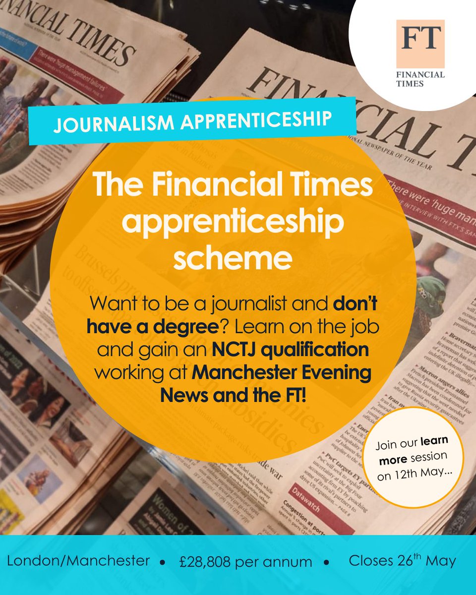 Creative Access (@_creativeaccess) on Twitter photo Calling all future journalists! Want to kickstart your career but don't fancy going to uni? 🗞️🌟
✅ Learn on the job with the <a href="/FT/">Financial Times</a> & <a href="/MENnewsdesk/">Manchester News MEN</a>
✅ Study for an NCTJ journalism level 5 qualification
🔗 Sign up to our learn more session & apply: opportunities.creativeaccess.org.uk/organization/f… Calling all future journalists! Want to kickstart your career but don't fancy going to uni? 🗞️🌟
✅ Learn on the job with the <a href="/FT/">Financial Times</a> & <a href="/MENnewsdesk/">Manchester News MEN</a>
✅ Study for an NCTJ journalism level 5 qualification
🔗 Sign up to our learn more session & apply: opportunities.creativeaccess.org.uk/organization/f…