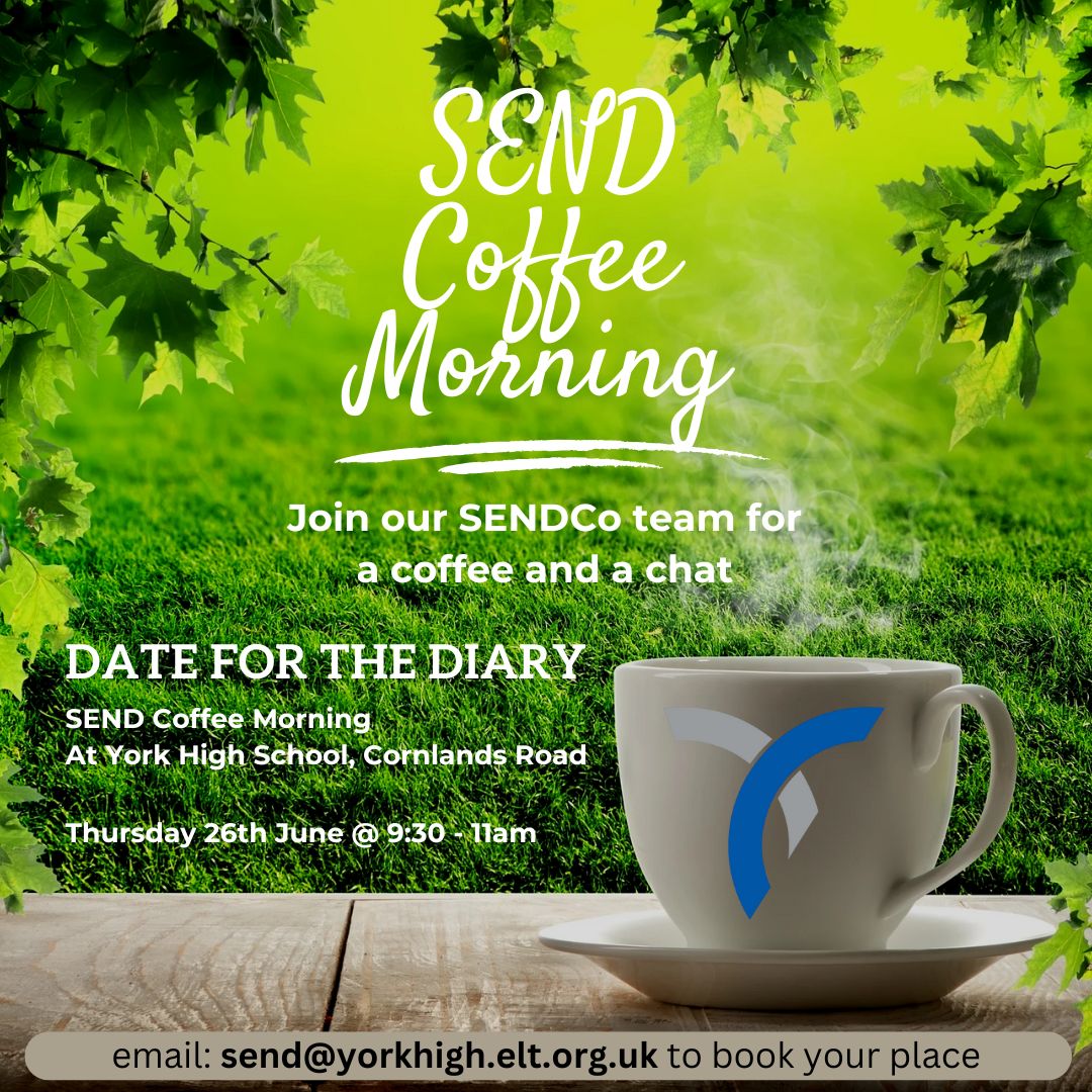 York High School (@york_high) on Twitter photo 📆 Date for your diaries 📖
Don't forget - next month we have an SEND Coffee Morning.
Why not pop in and join our team for a coffee and a chat
☕ Thursday 26th June - 9:30-11am
Drop a quick email to send@yorkhigh.elt.org.uk to save a seat!
We'd love to see you there 📆 Date for your diaries 📖
Don't forget - next month we have an SEND Coffee Morning.
Why not pop in and join our team for a coffee and a chat
☕ Thursday 26th June - 9:30-11am
Drop a quick email to send@yorkhigh.elt.org.uk to save a seat!
We'd love to see you there