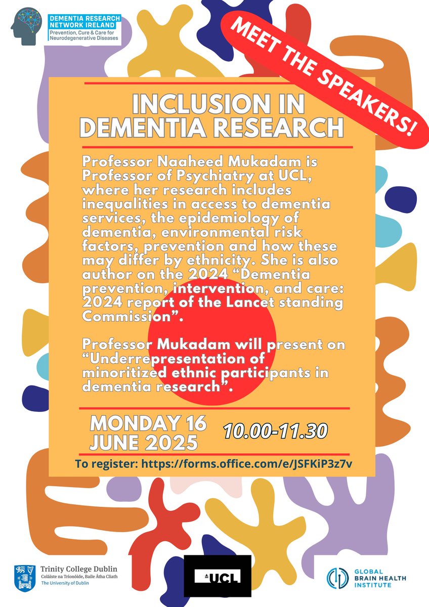 🤝Meet our speakers! 

🙋‍♀️The 1st speaker of our "Inclusion in dementia research" webinar 🗓️16/06 ⌚️10 am is professor <a href="/Naaheed_Mukadam/">Naaheed Mukadam</a> of <a href="/ucl/">UCL</a> who will speak on "Underrepresentation of minoritized ethnic participants in dementia research". 

➡️To register: forms.office.com/e/JSFKiP3z7v