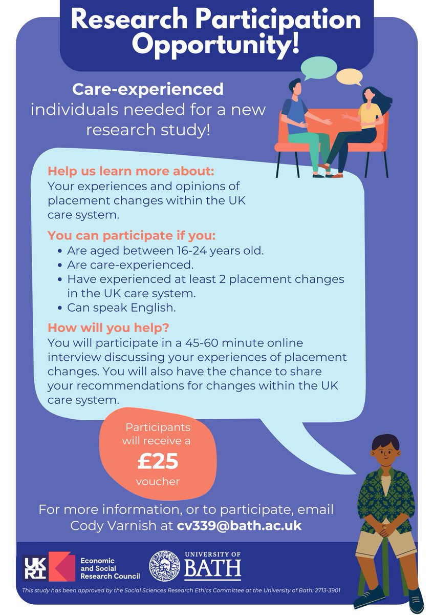 📢 Care-experienced &amp; aged 16–24?
Researchers at Uni of Bath want to hear how placement changes impacted you—what helped, what didn’t, and what could improve.
If you’ve had 2+ moves, share your voice!
Contact Cody: cv339@bath.ac.uk