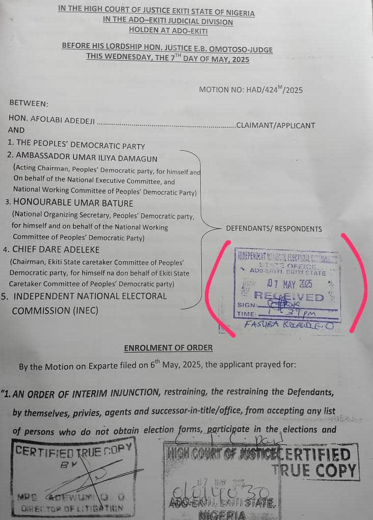 #Ekitiupdate
BREAKING:
Court Stops Ekiti PDP Congresses, Adjourned Till May 14 ...INEC Receives Court Order

Details soon