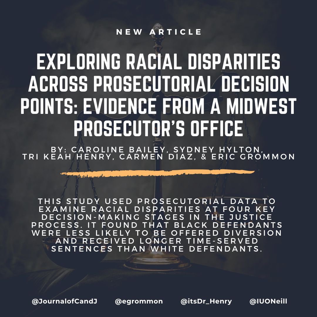 Journal of Crime and Justice (@journalofcandj) on Twitter photo Prosecutorial data reveal racial disparities across multiple court stages.
Check out this new article by Bailey, Hylton, Henry (<a href="/itsDr_Henry/">Tri Keah (TRIK + EE + UH)</a>), Diaz, and Grommon (<a href="/egrommon/">Eric Grommon</a>).
Read the full article at the Journal of Crime and Justice: shorturl.at/Dmb45 Prosecutorial data reveal racial disparities across multiple court stages.
Check out this new article by Bailey, Hylton, Henry (<a href="/itsDr_Henry/">Tri Keah (TRIK + EE + UH)</a>), Diaz, and Grommon (<a href="/egrommon/">Eric Grommon</a>).
Read the full article at the Journal of Crime and Justice: shorturl.at/Dmb45
