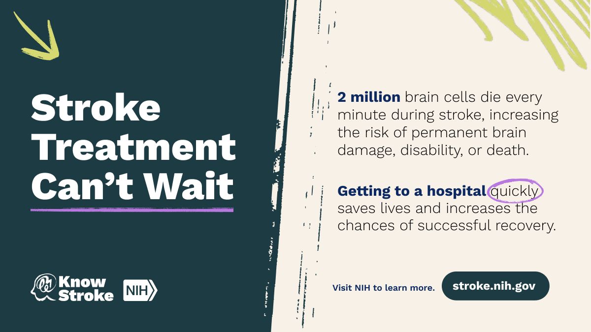 NINDS (@nih_ninds) on Twitter photo Stroke treatment can’t wait.
During a stroke, 2 million brain cells die EVERY MINUTE. Getting to the hospital FAST can significantly improve your chances of recovery.
Don't wait! Learn the signs of stroke and what to do: stroke.nih.gov 
#StrokeAwareness #NINDS Stroke treatment can’t wait.
During a stroke, 2 million brain cells die EVERY MINUTE. Getting to the hospital FAST can significantly improve your chances of recovery.
Don't wait! Learn the signs of stroke and what to do: stroke.nih.gov 
#StrokeAwareness #NINDS
