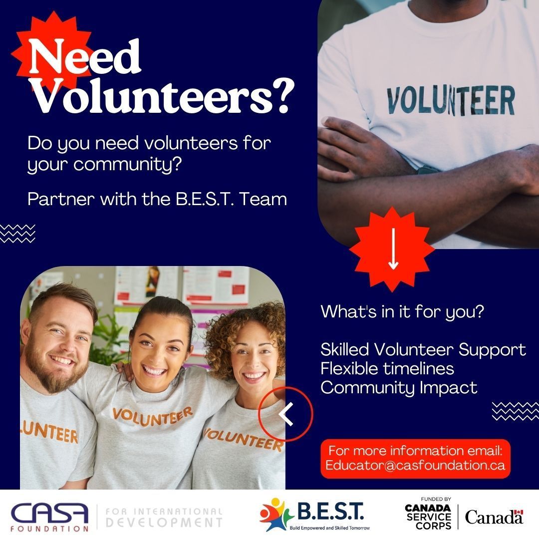 casafoundation's tweet photo. 🚨Need Volunteers?
Partner with the B.E.S.T. Program and get skilled youth volunteers to support your initiatives!
✔ Flexible timelines
✔ Community impact
✔ Support local talent
📩 Email Educator@casafoundation.ca to get involved!
#BESTProgram #VolunteerSupport #CasaFoundation https://t.co/SaCsGGHGY2