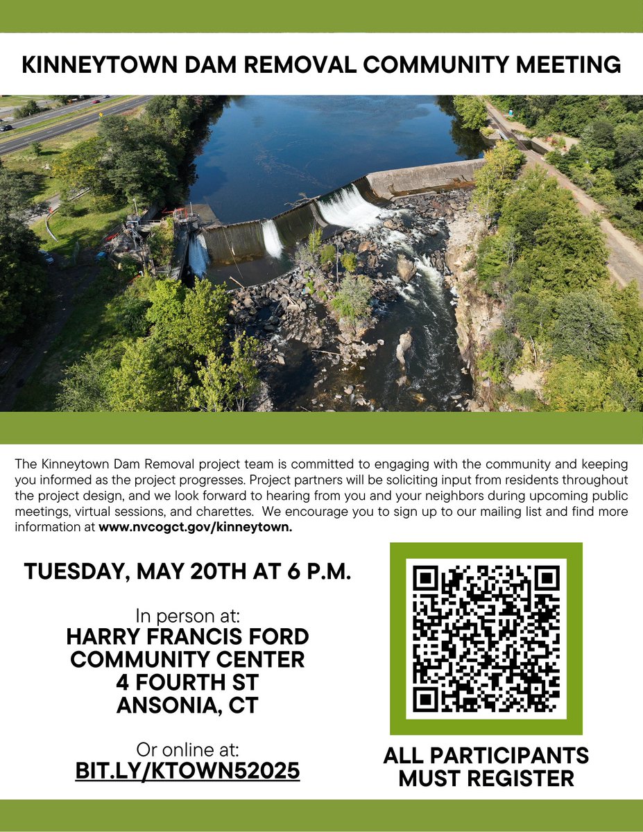NVCOGct's tweet image. Please join NVCOG and Save the Sound for our next Kinneytown Dam Removal Community Meeting (in-person and virtual)!
📅Tuesday, May 20, 2025
📍Harry Francis Ford Community Center (4 4th Street, Ansonia, CT 06401)
🕕 6 PM - 8 PM
Register here: savethesound-org.zoom.us/meeting/regist….
