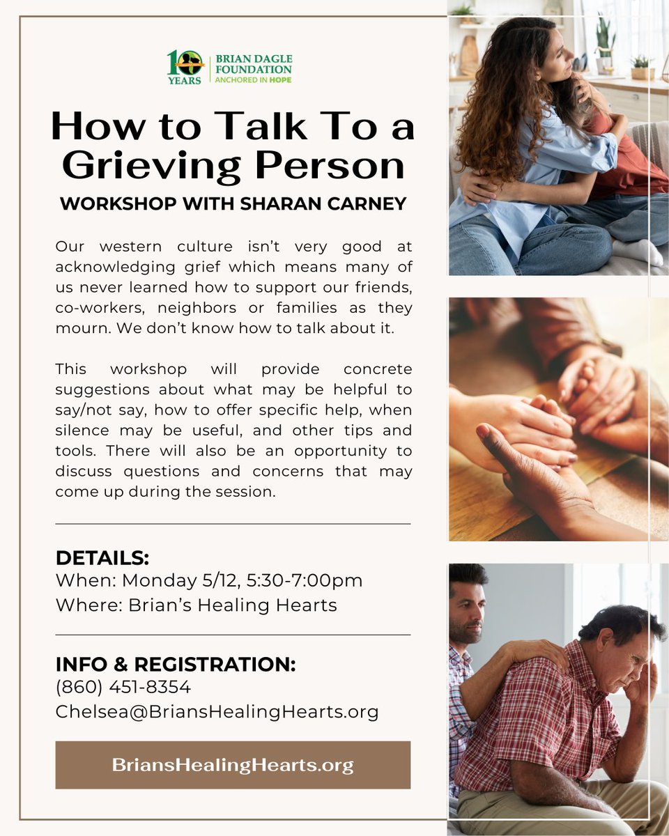 BTDFDN's tweet image. This workshop will provide concrete suggestions about what may be helpful to say/not say, how to offer specific help, when silence may be useful, and other tips and tools.

Monday 5/12, 5:30-7:00pm

For Info &amp;amp; Registration contact Chelsea@BriansHealingHearts.org or (860) 451-8354
