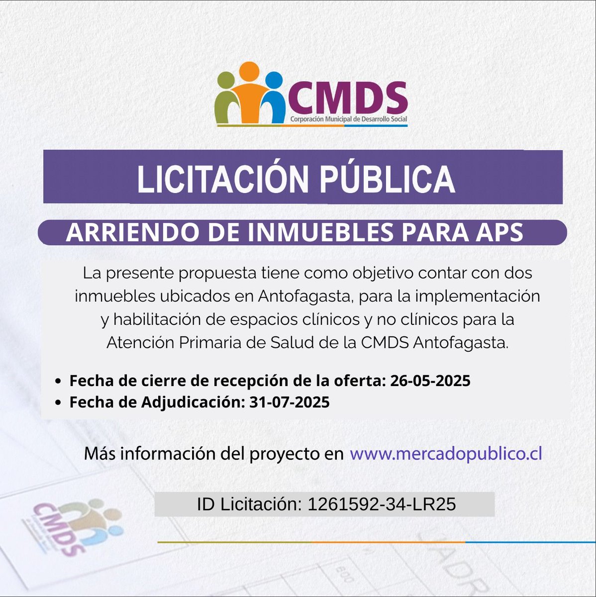 📢La Corporación Municipal invita a participar en la Licitación Pública "Arriendo de Inmuebles para APS".
Para mayor información ingresar a mercadopublico.cl
#Antofagasta