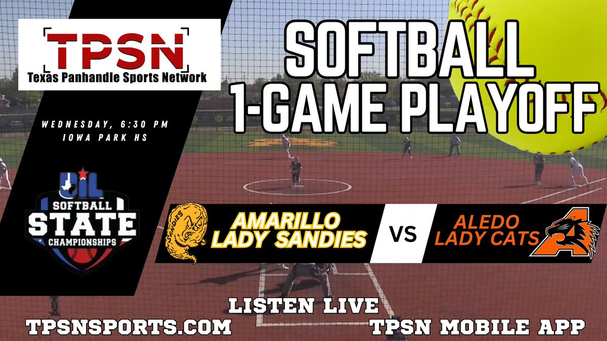 Round 3 of the playoffs today for Amarillo High Sandie Softball vs Aledo! Listen to the live audio feed of the game at 6:30 pm at tpsnsports.com, the TPSN mobile app or this link. webca.st/264966 <a href="/teamaisd/">Amarillo ISD Athletic Department</a> <a href="/AmarilloHighSB/">Amarillo High Softball</a> <a href="/RiberaSteve/">Steve Ribera</a> <a href="/NC10_Sports/">NewsChannel 10 Sports</a>