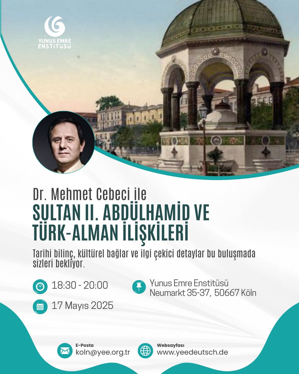 "Sultan II. Abdülhamid ve Türk-Alman İlişkileri"

Bu etkinlikte, tarih bilinci, kültürel bağlar ve dönemin dikkat çekici detayları üzerine derinlemesine bir bakış sunulacak. 
yeedeutsch.de/events/