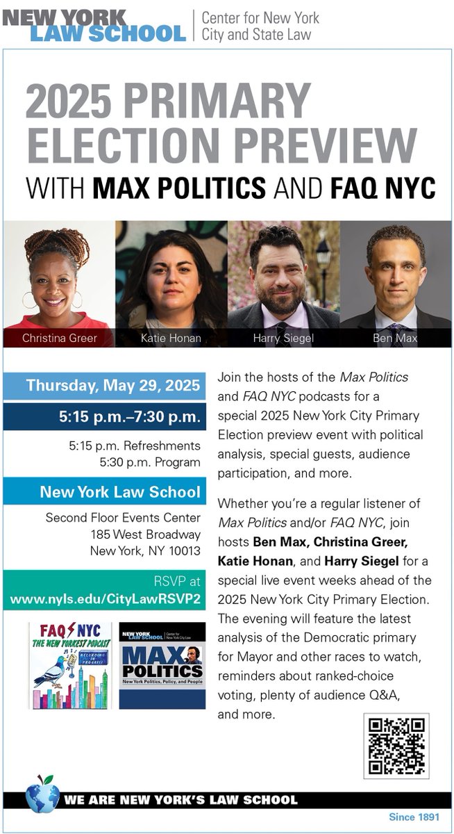 Ben Max (@tweetbenmax) on Twitter photo 1/ New:
Join us May 29 for a special 2025 Primary Election Preview night with Max Politics & FAQ NYC. There will be refreshments, special guests, analysis of the race for Mayor & other offices, audience participation, & more — with <a href="/Dr_CMGreer/">Christina Greer</a>, <a href="/katie_honan/">katie honan</a>, <a href="/harrysiegel/">Harry Siegel</a>, & me 1/ New:
Join us May 29 for a special 2025 Primary Election Preview night with Max Politics & FAQ NYC. There will be refreshments, special guests, analysis of the race for Mayor & other offices, audience participation, & more — with <a href="/Dr_CMGreer/">Christina Greer</a>, <a href="/katie_honan/">katie honan</a>, <a href="/harrysiegel/">Harry Siegel</a>, & me