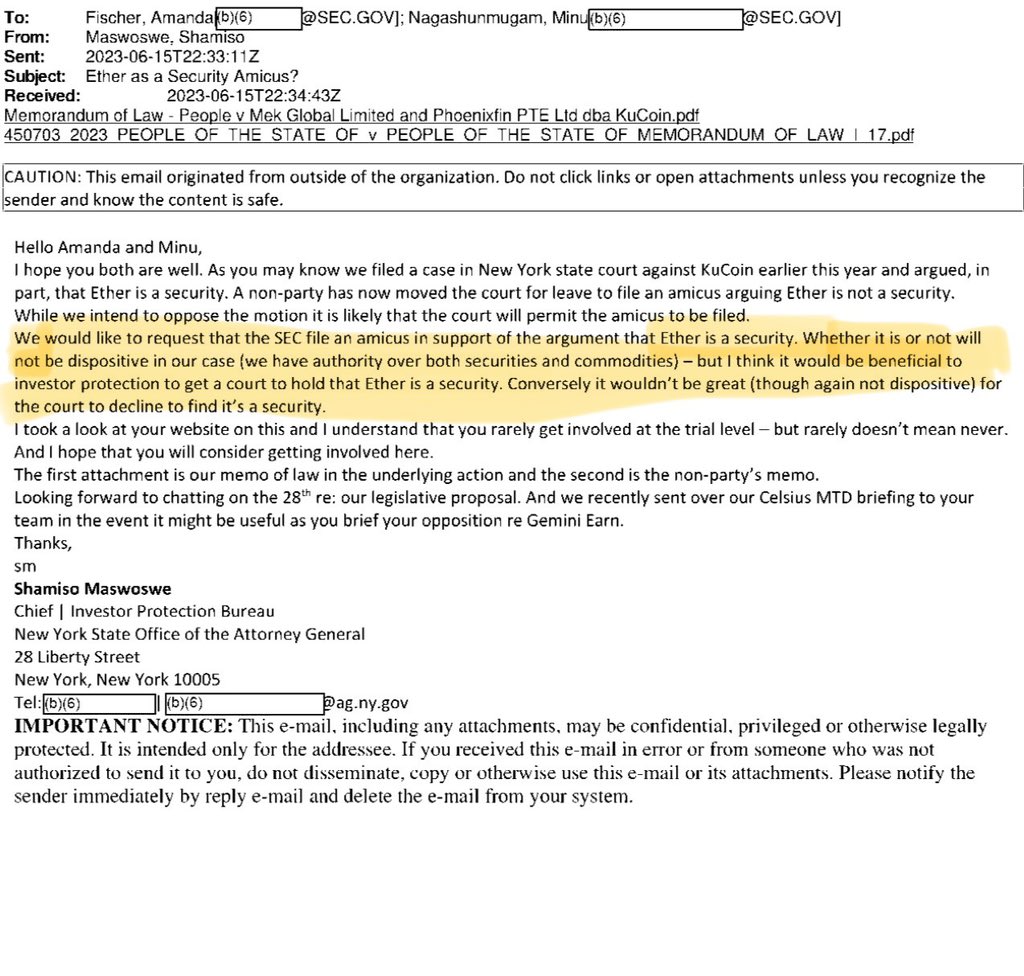 Eleanor Terrett (@eleanorterrett) on Twitter photo 🚨NEW: In 2023, the <a href="/NewYorkStateAG/">NY AG James</a> urged <a href="/SECGov/">U.S. Securities and Exchange Commission</a> to file an amicus brief in its case against <a href="/kucoincom/">KuCoin</a>, arguing that $ETH is a security.
The email, sent to Gensler’s Chief of Staff <a href="/amandalfischer/">Amanda Fischer</a>, called a court ruling labeling Ether a security “beneficial to investor 🚨NEW: In 2023, the <a href="/NewYorkStateAG/">NY AG James</a> urged <a href="/SECGov/">U.S. Securities and Exchange Commission</a> to file an amicus brief in its case against <a href="/kucoincom/">KuCoin</a>, arguing that $ETH is a security.
The email, sent to Gensler’s Chief of Staff <a href="/amandalfischer/">Amanda Fischer</a>, called a court ruling labeling Ether a security “beneficial to investor