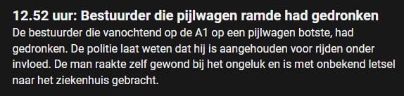 Auto rijdt in volle vaart op pijlwagen A1