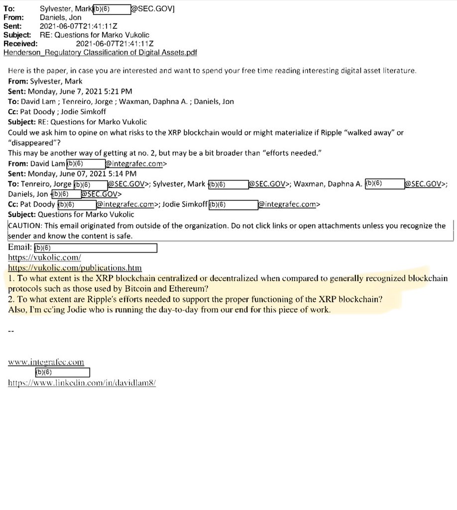 🚨NEW: In a 2021 internal email, SEC staff discussed asking a blockchain  expert what would happen to the $XRP network if Ripple “walked away,” as a  way to assess how dependent the