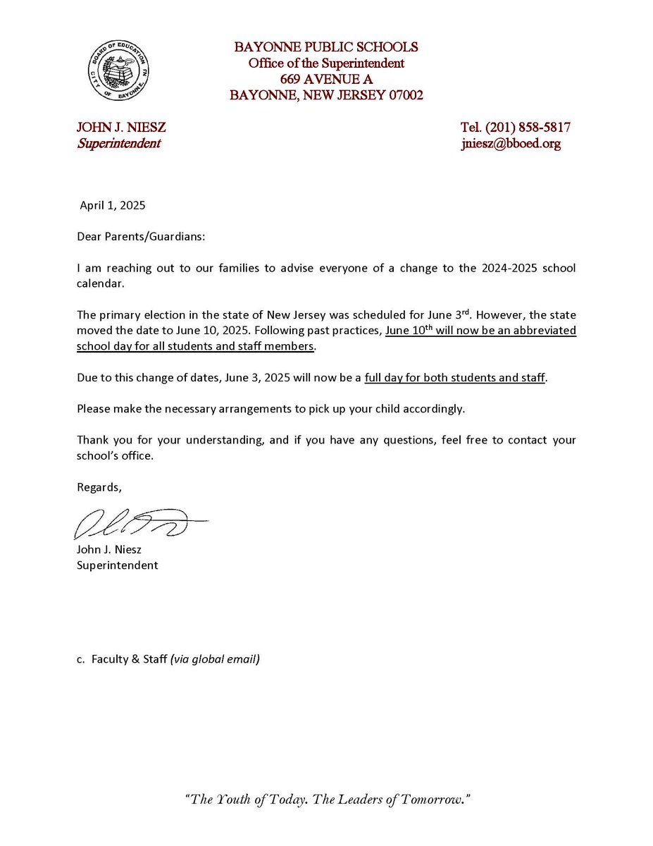 🚨 Important Calendar Change for Bayonne Public Schools! 🚨
Due to the New Jersey state primary election date change, be advised:
✅ June 3rd is now a FULL day.
✅ June 10th is now an abbreviated day for all (primary election).
Please make arrangements accordingly.