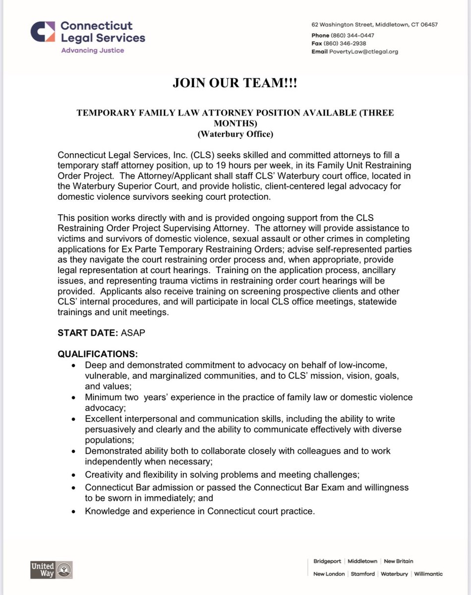 CTLegal's tweet image. We are hiring‼️ CLS seeks skilled and committed attorneys to fill three temporary staff attorney positions, up to 19 hours per week, in its Family Unit Retraining Order Project.

 ⭕️ View the job descriptions and how to apply here:⏬