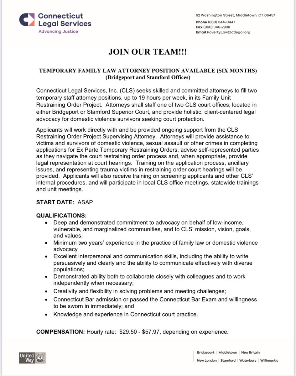 CTLegal's tweet image. We are hiring‼️ CLS seeks skilled and committed attorneys to fill three temporary staff attorney positions, up to 19 hours per week, in its Family Unit Retraining Order Project.

 ⭕️ View the job descriptions and how to apply here:⏬