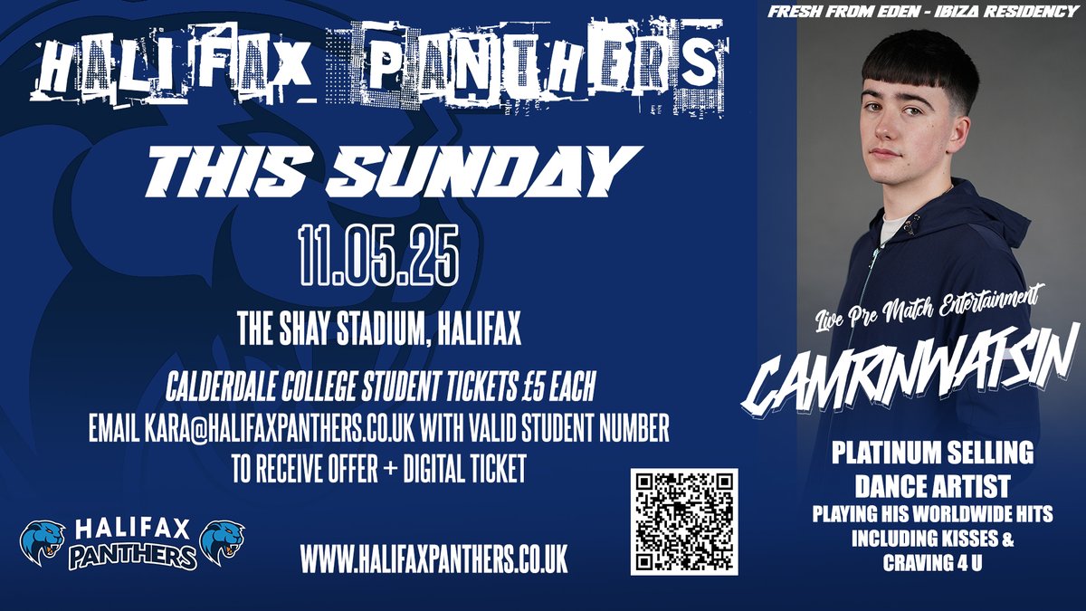 Calderdale College Sport Academies (@cc_sacademies) on Twitter photo Join us this Sunday, May 11th, at The Shay as the Halifax Panthers take on Doncaster RLFC! 🏉 Kick-off at 3:00 PM.
Pre-Match Entertainment with BRIT Award-nominated DJ <a href="/WatsinCamr95012/">CamrinWatsin</a>
Post-Match: Don't miss our very own College Academy in action! Join us this Sunday, May 11th, at The Shay as the Halifax Panthers take on Doncaster RLFC! 🏉 Kick-off at 3:00 PM.
Pre-Match Entertainment with BRIT Award-nominated DJ <a href="/WatsinCamr95012/">CamrinWatsin</a>
Post-Match: Don't miss our very own College Academy in action!