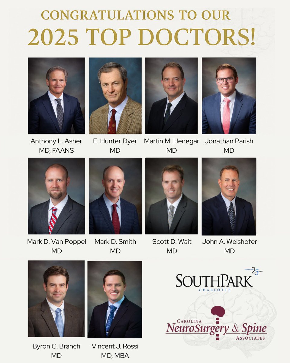 🏆 We're excited to announce that 10 of our physicians have been recognized in SouthPark Magazine's "Top Doctors of North Carolina 2025: Charlotte Region." Congrats to our team for their exceptional care and innovation! bit.ly/44rIkFn

#TopDoctors #CNSA #HealthcareHeroes
