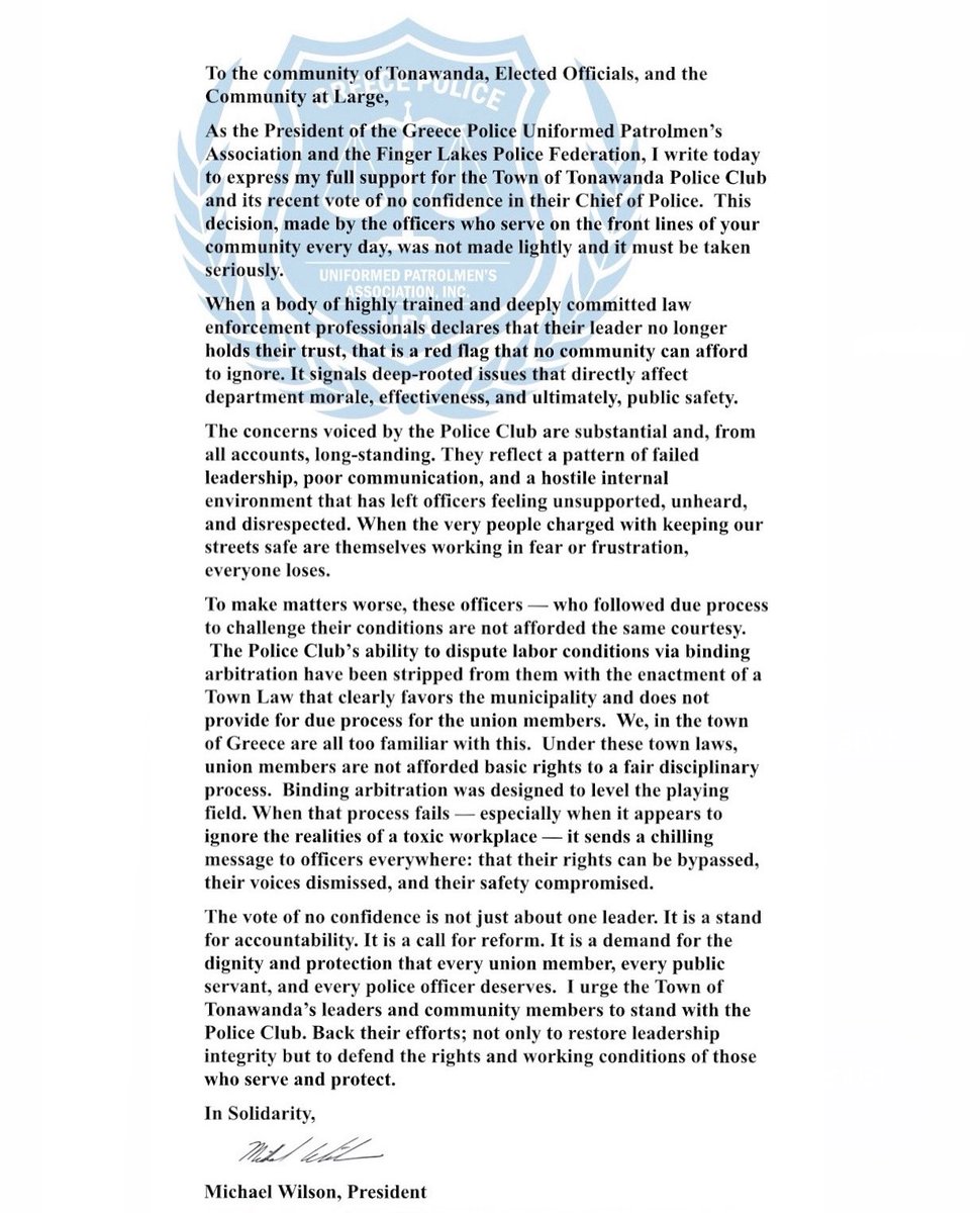 TTonawandaPC's tweet photo. Please see statement of support from Michael Wilson, President of the Greece Police Uniformed Patrolmen’s Association and the Finger Lakes Police Federation. https://t.co/OpCQuHSJiz
