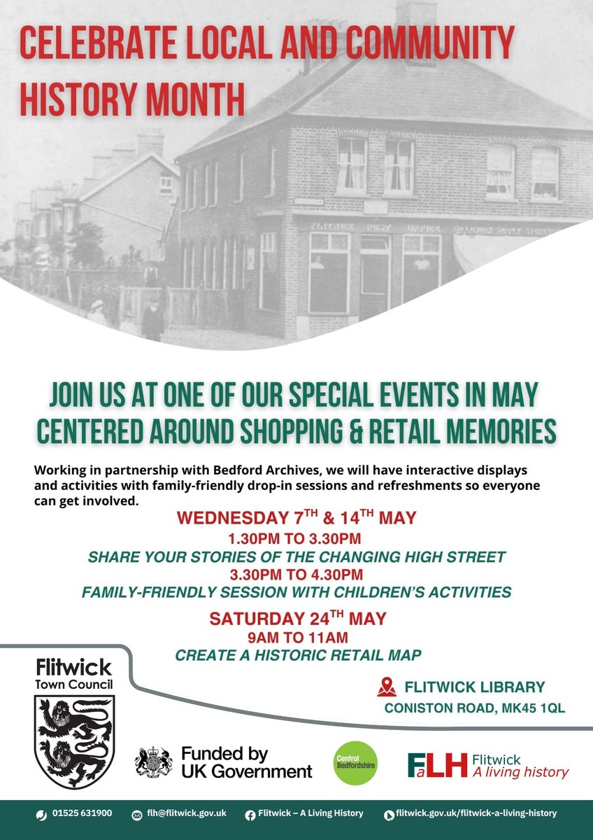 Join us at Flitwick Library to explore the history of retail and shopping in the area, for <a href="/histassoc/">Historical Assoc</a> Local and Community History month during May. 

Bedfordshire Archives are providing special displays and activities, covering retail and shopping <a href="/uniofbeds/">uniofbeds</a> <a href="/letstalkcentral/">Central Bedfordshire Council</a>