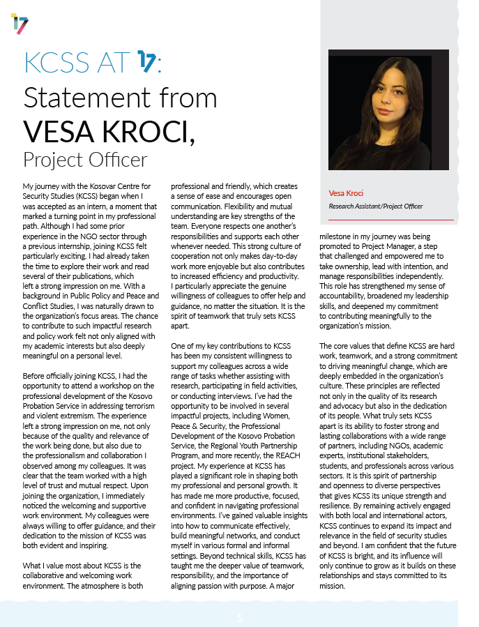 CELEBRATING 17 YEARS OF KCSS🎉

Reflections and Future Aspirations

⬇️ A statement from Vesa Kroçi - Project Officer at KCSS
