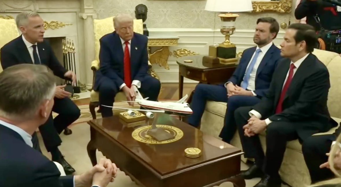 drdave1999's tweet photo. It was embarrassing to see Canadian Prime Minister Mark Carney having to speak in the Oval Office with Donald Trump, JD Vance, &amp; Lil’ Marco Rubio.

Carney holds a Ph.D. in economics from Oxford, &amp; he was forced to address three of the dumbest politicians on the face of the earth. https://t.co/IkLU4ivINa