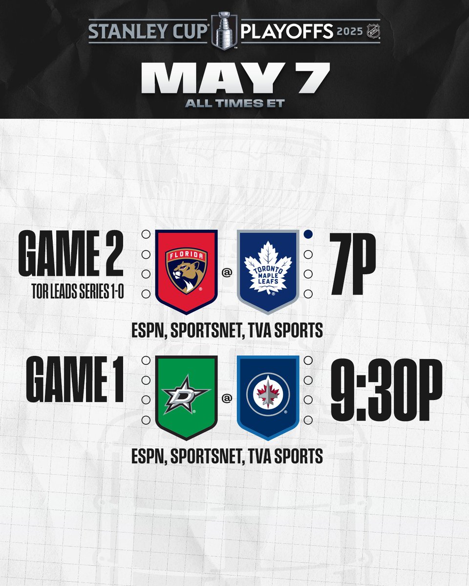 NHL (@nhl) on Twitter photo MORE. HOCKEY. 🤩
The <a href="/FlaPanthers/">x - Florida Panthers</a> will meet the <a href="/MapleLeafs/">Toronto Maple Leafs</a> with a chance to tie the series while the <a href="/DallasStars/">X - Dallas Stars</a> face the <a href="/NHLJets/">Winnipeg Jets</a> for Game 1!
#StanleyCup Playoffs action continues TONIGHT at 7p ET on <a href="/espn/">ESPN</a>, <a href="/Sportsnet/">Sportsnet</a>, and <a href="/TVASports/">TVA Sports</a>. MORE. HOCKEY. 🤩
The <a href="/FlaPanthers/">x - Florida Panthers</a> will meet the <a href="/MapleLeafs/">Toronto Maple Leafs</a> with a chance to tie the series while the <a href="/DallasStars/">X - Dallas Stars</a> face the <a href="/NHLJets/">Winnipeg Jets</a> for Game 1!
#StanleyCup Playoffs action continues TONIGHT at 7p ET on <a href="/espn/">ESPN</a>, <a href="/Sportsnet/">Sportsnet</a>, and <a href="/TVASports/">TVA Sports</a>.
