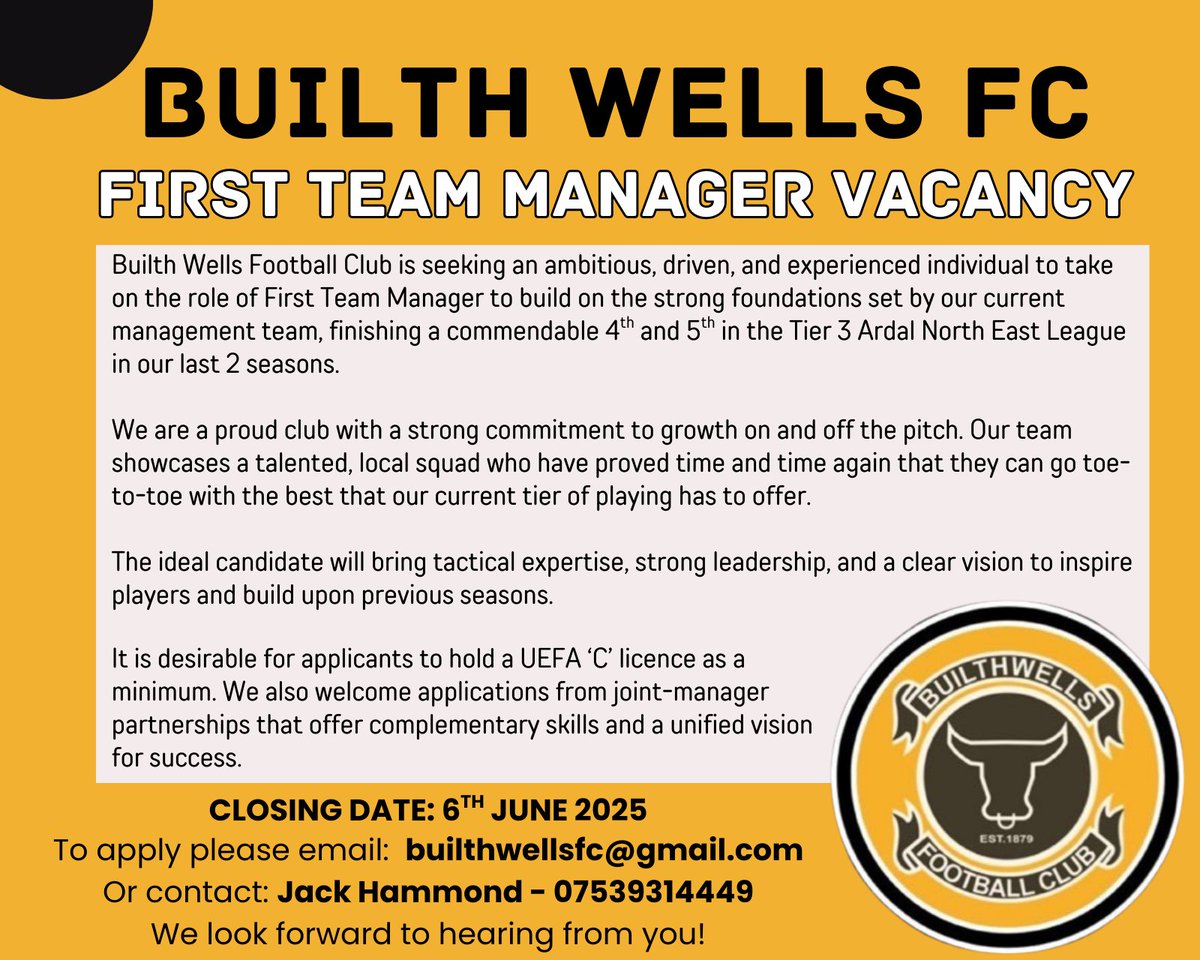 ‼️FIRST TEAM MANAGER VACANCY‼️

Please find the details below👇🐂🧡🖤