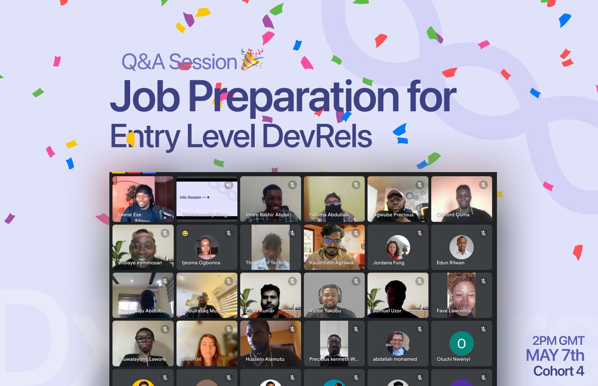 Today’s Session – Q&amp;A on Job Prep for Entry-Level DevRels w/<a href="/kenny_io/">Ekene Eze</a> 

We’re live today with Ekene Eze, Founder of DxMentorship! He’ll be hosting a special Q&amp;A session focused on helping you prepare for your first role as a Developer Relations Engineer.

📅 May 7th
⏰ 2 PM GMT