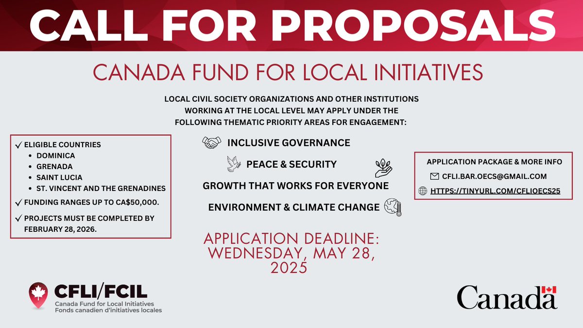 We’re launching our Call for Proposals! 📣

Apply to the Canada Fund for Local Initiatives #CFLI and turn your innovative ideas into impactful projects. 

Here's your chance to make a difference in your community in 🇩🇲 🇬🇩 🇱🇨 and 🇻🇨!