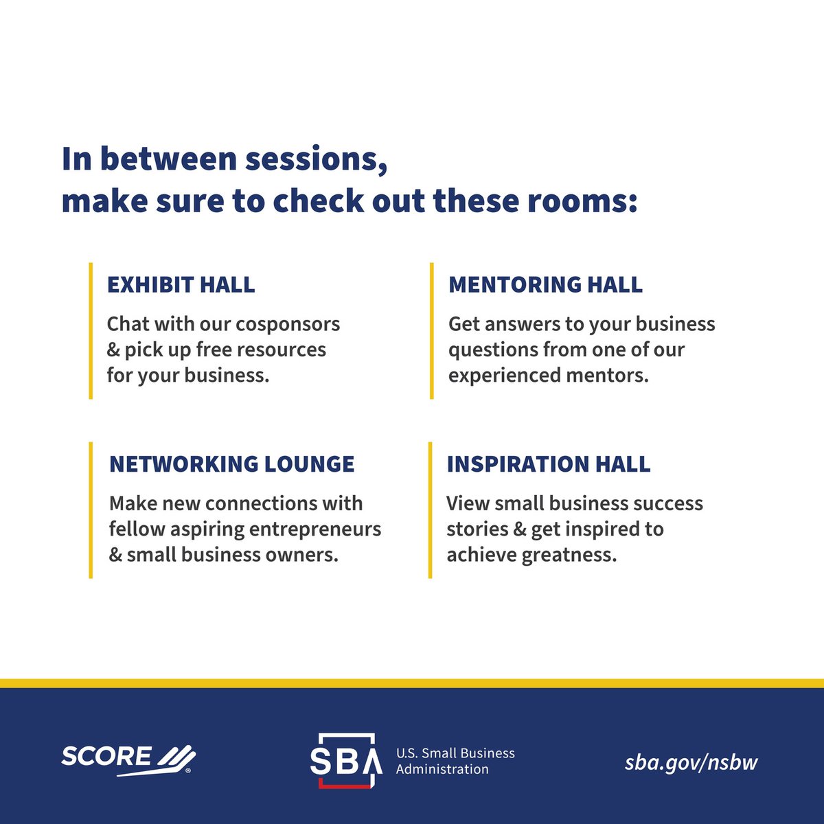 Free business workshops, virtual mentoring, networking, and so much more! 
 
Don’t miss the last day of the #SmallBusinessWeek Virtual Summit! 

Register and log in: vevents.virtualtradeshowhosting.com/event/NSBWVirt…