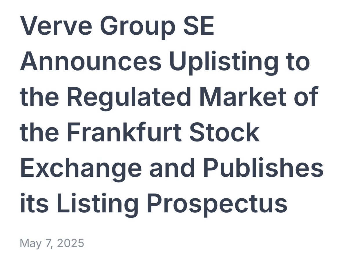 Verve meddelar att man listas om till huvudlistan i Frankfurt. Tydligen är det mindre tidskrävande att göra detta i Tyskland än i Sverige, men uppenbarligen är det bara en tidsfråga tills man kan börja handlas på Nasdaq Stockholm. $VER