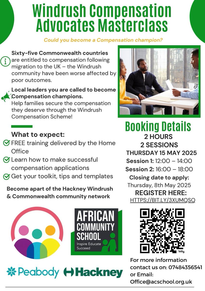 Become a Windrush Compensation Champion?
Thurs 15 May
Session 1: 12–2PM | Session 2: 4–6PM

📍 FREE training delivered by the Home Office
🧰 Learn how to support applications + get a toolkit, tips &amp; templates

🔗 Register by 8 May: bit.ly/3XUMqSq