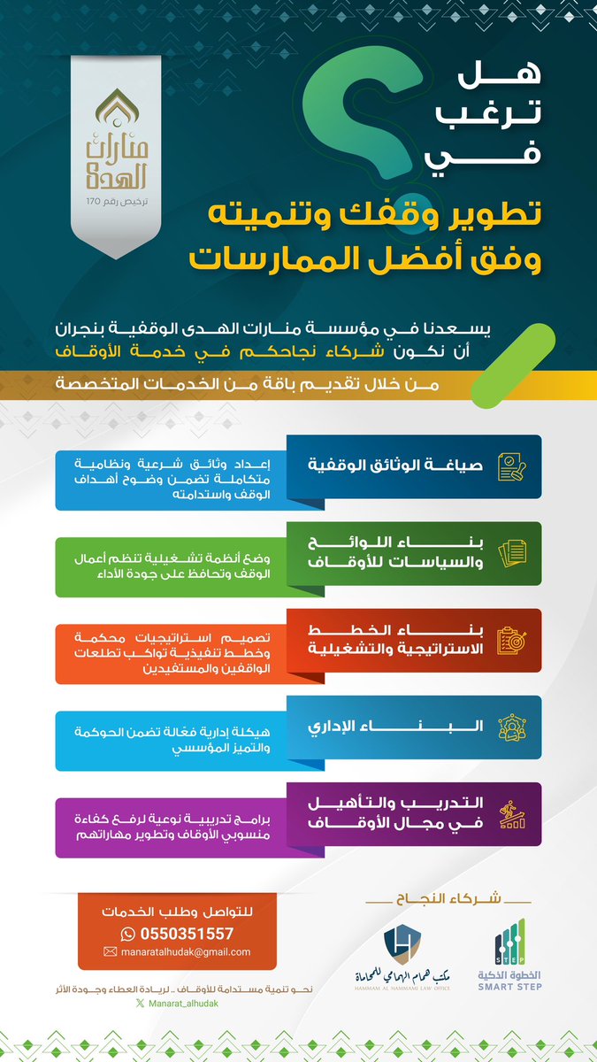 هل ترغب في تطوير #وقفك وتنميته وفق أفضل الممارسات؟

يسعدنا في #مؤسسة_منارات_الهدى الوقفيّة بـ #نجران أن نكون شركاء نجاحكم في خدمة #الأوقاف من خلال تقديم باقة من الخدمات المتخصّصة، يمكنكم الاطّلاع عليها عبر الصورة المرفقة⬇️

نسعد بتواصلكم وطلب الخدمة عن طريق الواتساب عبر الرابط