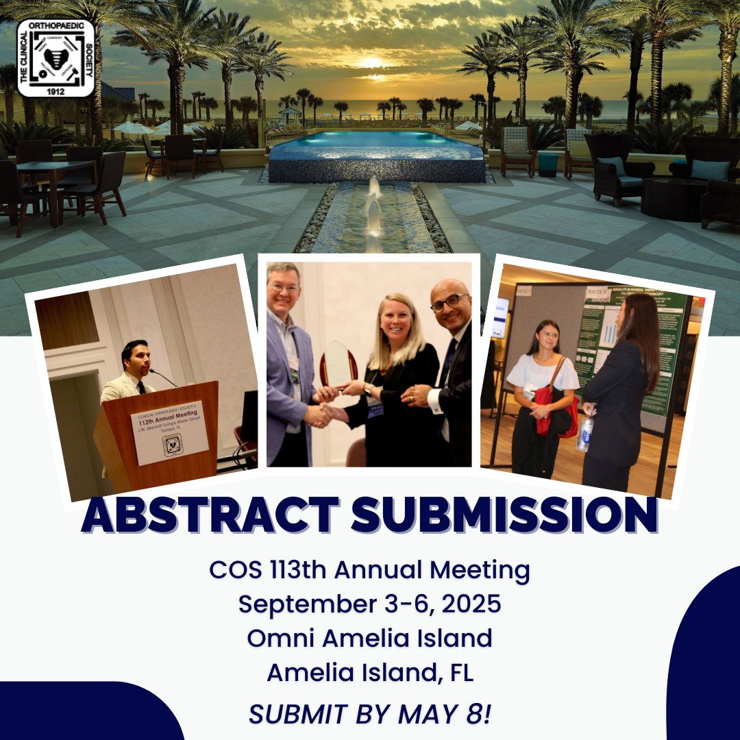850 abstracts submitted—and we’re still counting!
You now have until Thursday night, May 8 @ midnight EST to be part of COS 113.

Submit now and share your work with the orthopaedic world. bit.ly/3OTLPMq

#Orthopaedics #MedTwitter #OrthoCOS #ResearchOpportunity