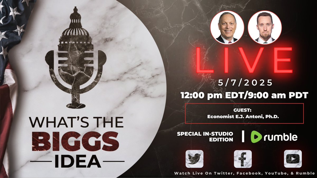 Rep Andy Biggs (@repandybiggsaz) on Twitter photo The What's the Biggs Idea? podcast is back!
Today I'll be joined by <a href="/RealEJAntoni/">E.J. Antoni, Ph.D.</a> in-studio.
This will be a great discussion—tune in LIVE at 12:00 pm EDT/9:00 am PDT! The What's the Biggs Idea? podcast is back!
Today I'll be joined by <a href="/RealEJAntoni/">E.J. Antoni, Ph.D.</a> in-studio.
This will be a great discussion—tune in LIVE at 12:00 pm EDT/9:00 am PDT!