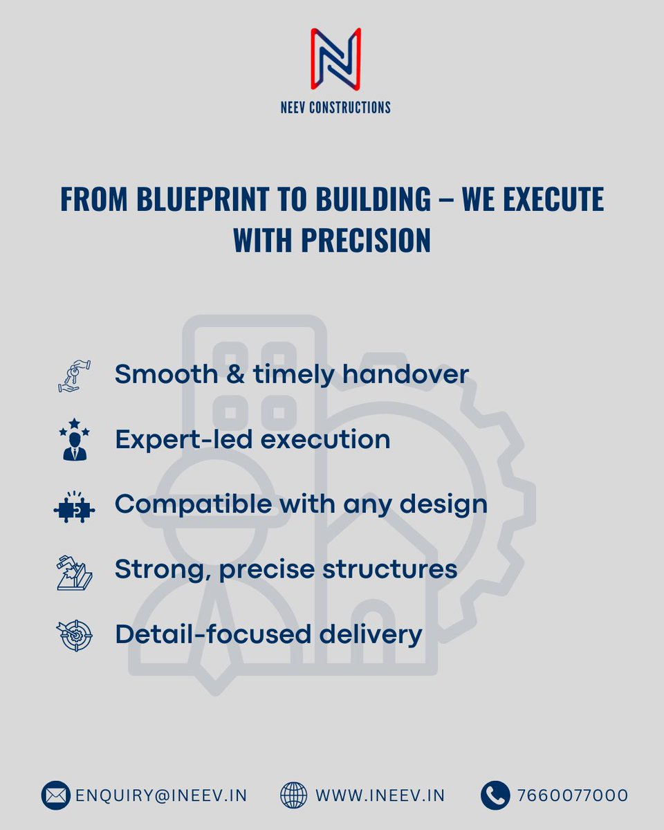 Neev_Construct's tweet image. Turning blueprints into buildings, the right way.
With expert oversight, seamless execution, and a focus on every detail -we bring your vision to life, structure by structure. Build with confidence. Build with Neev.
#CivilExecution #ProjectHandover #SiteExecution #PlansToReality