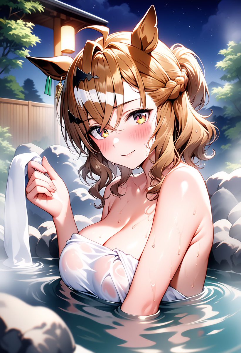 wyp3g's tweet image. 本日もお疲れ様でした😃
今日のラストはジャングルポケットとの温泉旅行です♨️
それではおやすみなさいです😆
#ジャングルポケット　#DaysAI  #AIイラスト