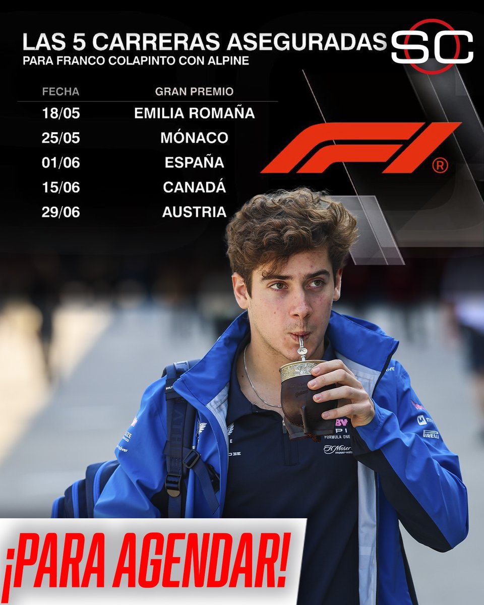 ¡PARA AGENDAR! Estas son las próximas 5 carreras que tendrá Franco Colapinto en Alpine:

🏁🇮🇹 #ImolaGP
🏁🇲🇨 #MonacoGP
🏁🇪🇸 #SpanishGP 
🏁🇨🇦 #CanadianGP
🏁🇦🇹 #AustrianGP 

📺 Toda la temporada de #F1 por #DisneyPlus Premium