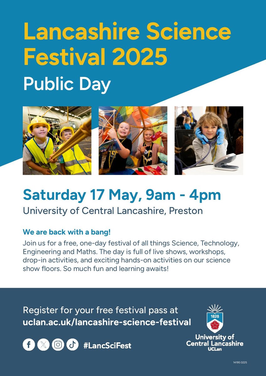 Lancashire Science Festival is happening! Public day Saturday 17th May 9am-4pm at UCLan Preston book your FREE tickets here lancashire.ac.uk/lancashire.../…
Don't forget your #PassporttoLearning as there will be someone stamping your CU Passport at the desk! #Learningforfun #STEM #Science