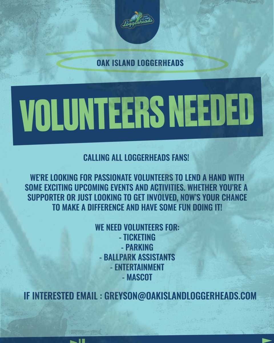 Want to get involved with the Oak Island Loggerheads? Now's your chance! We're looking for passionate volunteers to join the team and help make game days unforgettable! 🐢 ⚾️

If Interested, Email: greyson@oakislandloggerheads.com