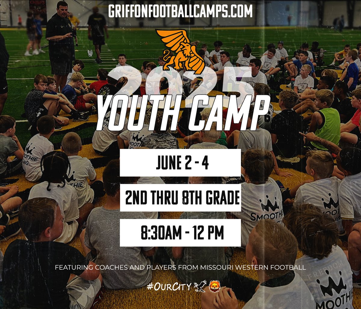 Missouri Western Football (@mwsu_football) on Twitter photo 𝐆𝐫𝐢𝐟𝐟𝐨𝐧 𝐘𝐨𝐮𝐭𝐡 𝐂𝐚𝐦𝐩
W̲h̲o̲: 2nd thru 8th Grade
W̲h̲e̲n̲: June 2-4
W̲h̲e̲r̲e̲: Griffon Indoor Sports Complex
🔗GriffonFootballCamps.com
For more info contact <a href="/CoachGalloM/">Michael Gallo</a>
#OurCity 🦅🦁 𝐆𝐫𝐢𝐟𝐟𝐨𝐧 𝐘𝐨𝐮𝐭𝐡 𝐂𝐚𝐦𝐩
W̲h̲o̲: 2nd thru 8th Grade
W̲h̲e̲n̲: June 2-4
W̲h̲e̲r̲e̲: Griffon Indoor Sports Complex
🔗GriffonFootballCamps.com
For more info contact <a href="/CoachGalloM/">Michael Gallo</a>
#OurCity 🦅🦁