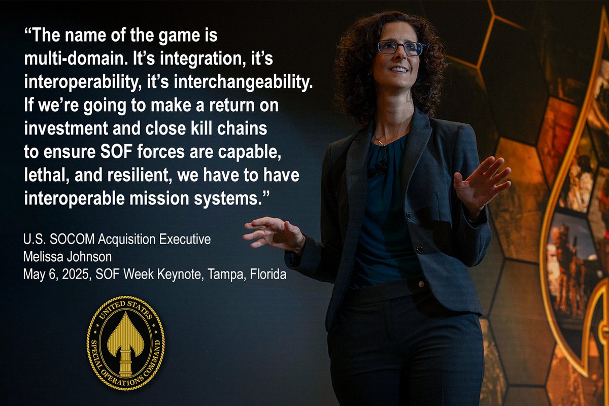 USSOCOM's tweet image. "It's integration, it's interoperability, it's interchangeability. If we're going to make a return on investment and close kill chains to ensure SOF forces are capable, lethal, and resilient, we have to have interoperable mission systems."
- SOCOM AE Melissa Johnson, #SOFWeek.
