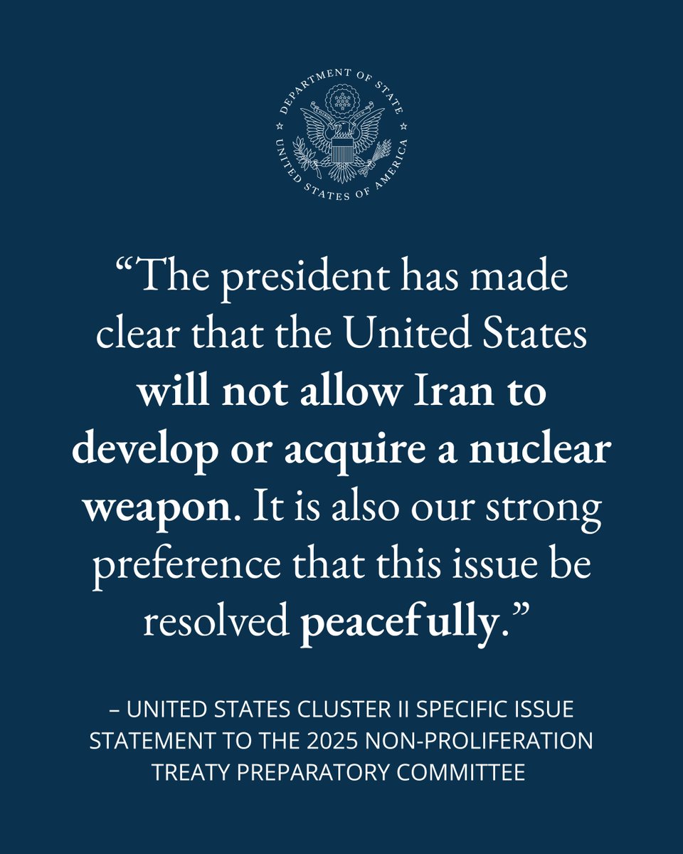ISN DAS Suarez holds those who dismiss their obligations under the NPT accountable. Read the #NPTPrepCom cluster 2 statement here: state.gov/2025-preparato…