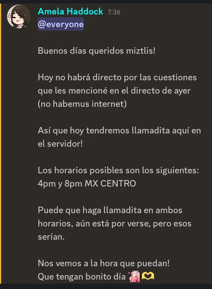 ❄️ANUNCIO❄️

No hay streamu hoy, pero sí llamadita en el server de disc! 

Link en los comentarios~